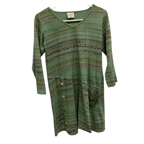 CMC Women Tunic Top Size XS Green Brown Boho Lagenlook Shirt Button Cotton Artsy - Picture 1 of 9